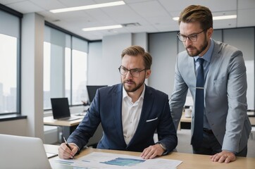 Businessmen analyzing data on laptop in modern office environment