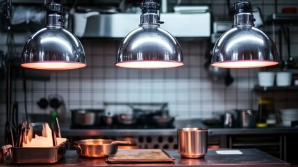 Shining Industrial Kitchen Lamps over a Clean Metallic Countertop, Modern Kitchen Interior