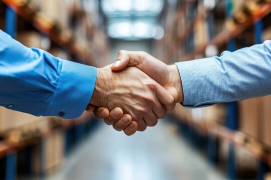 Two men shake hands in a warehouse