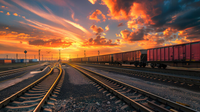 A freight train on a railway track transports containers and tanks with fuel. AI Generated