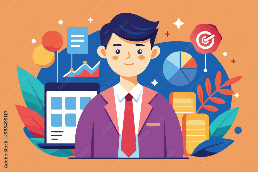 Poster a young professional focuses on customizing presentations with data visuals while surrounded by colo