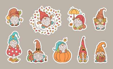 Fall Scandinavian gnomes stickers sheet. Cute autumn gnome character stickers with outline. Harvest, Thanksgiving and Halloween themes. Vector illustration. Fun garden gnomes character set.