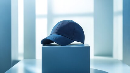 Blue baseball cap displayed on minimalist cube in studio setting