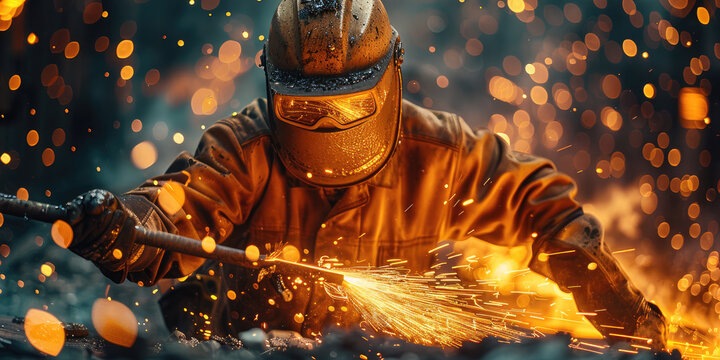 A worker in protective gear is working with metal, holding an iron bar and wearing safety glasses against the backdrop of flames from steel smelting. conveys energy, movement, industrial activity.