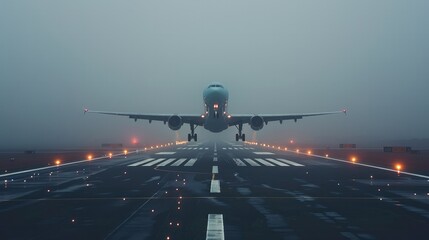 Naklejka premium A plane landing on a foggy morning, the runway barely visible as the aircraft touches down.