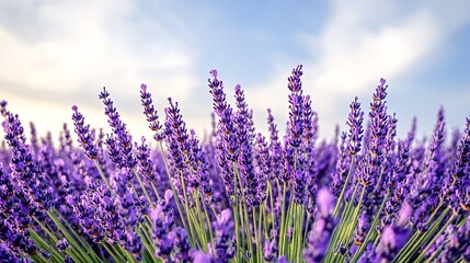 Naklejka premium A close-up view of a field of lavender flowers, with a blue sky and white clouds in the background. The flowers are in full bloom, and the colors are vibrant and beautiful.