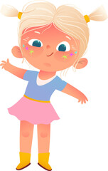 Little cute girl, standing cheerful hands up smiling and greeting. Happy cute child, graphic illustration for school or kindergarten children. Kids character cartoon, vector isolated clipart.