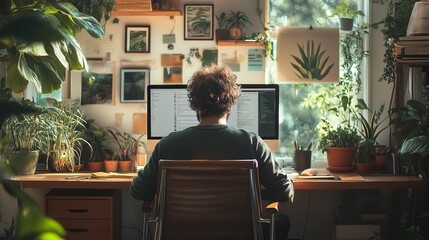 Software developer working from home using computer in cozy office