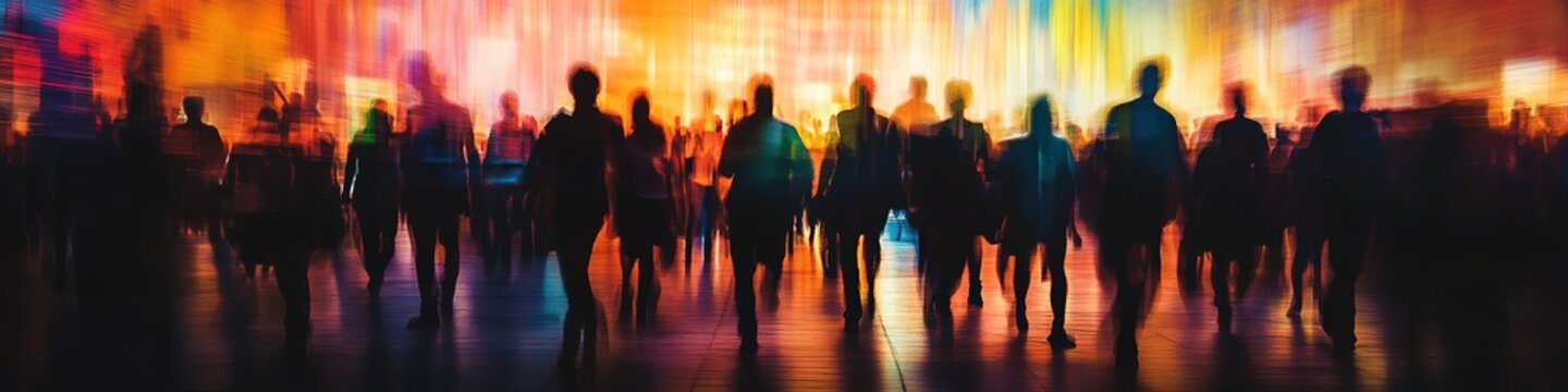 Blurred crowd silhouette with colorful light background