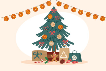 Christmas banner. Decorated potted Christmas tree with gifts. Sustainable Christmas background.