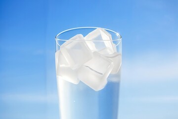 A glass of water with ice cubes against a clear blue sky, ideal for refreshment, summer, and lifestyle designs.