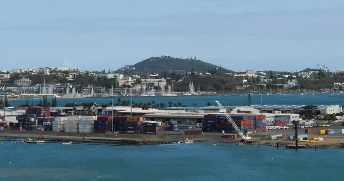 Noumea, port container terminal,Port Moselle Marina and the city in the background. New Caledonia.