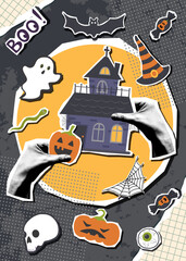Halloween creepy cute black poster with Halloween house and elements stickers. Halloween background. Halloween concept.