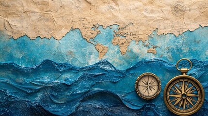 Ancient map of the world with a compass on an aged background
