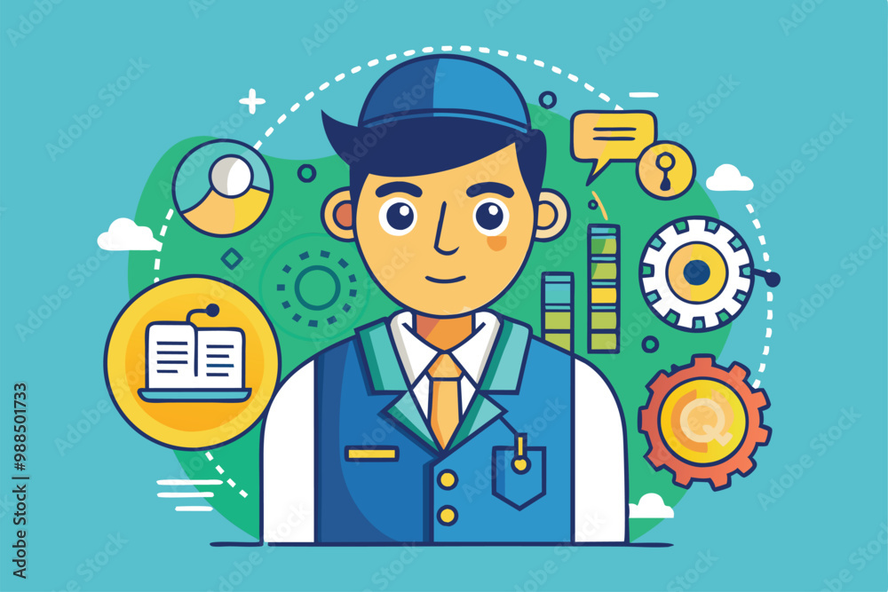 Poster a qa engineer is depicted in a vibrant setting, surrounded by icons representing quality assurance p