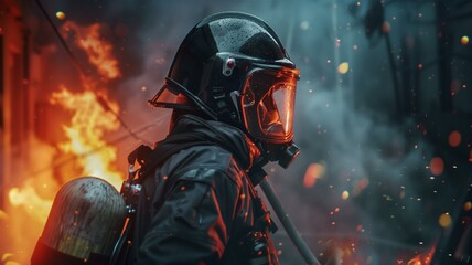 A brave firefighter in full gear battling a blazing fire