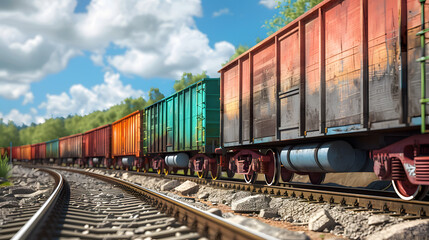 Fototapeta premium A freight train on a railway track transports containers and tanks with fuel. AI Generated