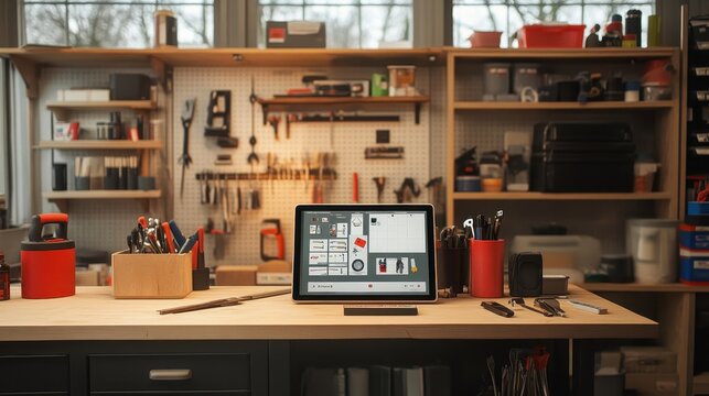 Organized Workbench in a Woodworking Workshop