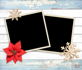 Vintage eco friendly holiday backdrop. Christmas background with two retro photo, poinsettia,...