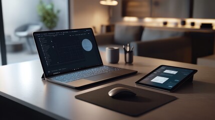 Workspace with Laptop and Tablet on Wooden Desk