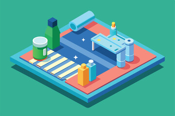Obraz premium A customizable sanitizing mat features various cleaning products and tools, arranged neatly in a vibrant, modern environment designed for hygiene.