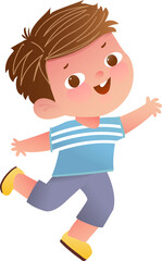 Little cute active boy, jumping cheerful smiling and greeting. Happy schoolboy, graphic illustration for school or kindergarten children. Kids character cartoon, vector isolated clipart.