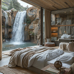 Luxury bedroom with view of water fall generated.AI