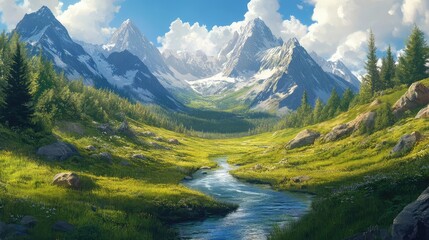 A deserted mountain valley with a clear stream running through it, surrounded by towering peaks and lush green meadows.