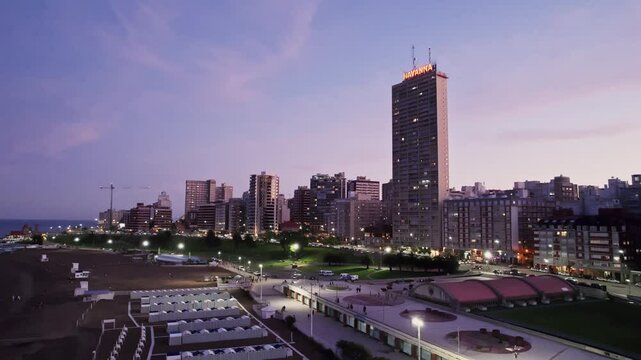 Revealing Aerial from Havanna Building to Provincial Hotel Cityscape in Mar del Plata Coastline