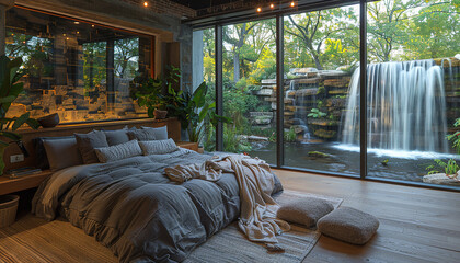 Luxury bedroom with view of water fall generated.AI