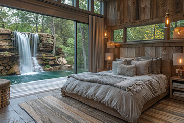 Luxury bedroom with view of water fall generated.AI