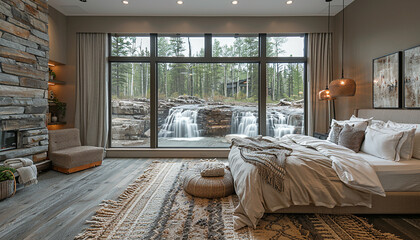 Luxury bedroom with view of water fall generated.AI