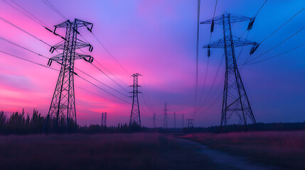 Serene sunset over power lines in a rural landscape