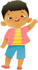 Little cute asian boy greeting hands up, cheerful and smiling character. Happy schoolboy, graphic illustration for school or kindergarten children. Kids character cartoon, vector isolated clipart.