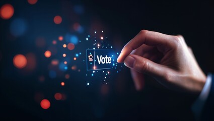 Engaging in Democracy: A Hand Reaches Out to Cast a Vote in a Digital Era, Illuminated by Vibrant Particles, Symbolizing Hope, Change, and Active Participation in Civic Duties.