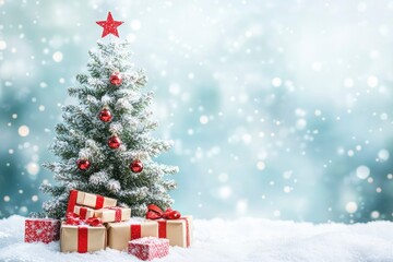 Obraz premium Beautiful Christmas tree with gift boxes on snow against blurred background. Space for text with generative ai