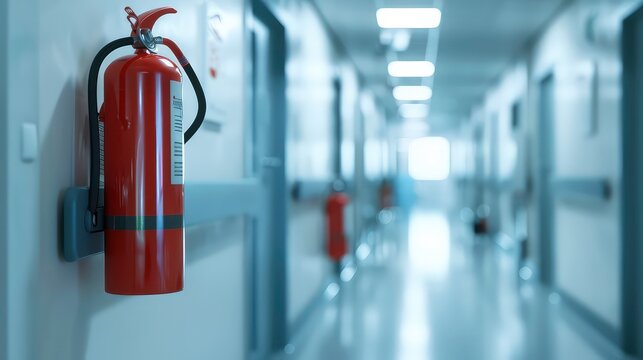 A red fire extinguisher is mounted on the wall of a clean, bright hospital corridor.