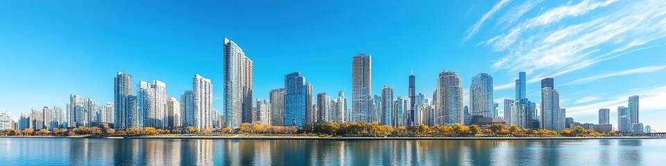 Fototapeta premium Panoramic city skyline with peaceful waterfront and autumn trees