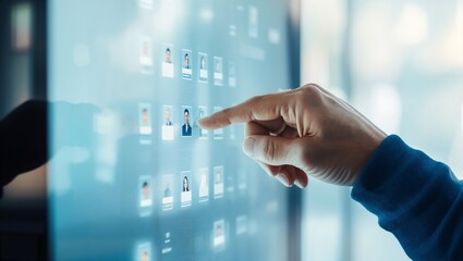 Engaging Digital Interface: A Person's Hand Touches a Touchscreen Display, Selecting from a Grid of Professional Profile Images in a Bright, Modern Environment.
