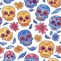 Vibrant Hand-Drawn Mexican Skull Pattern with Floral Designs on White Background