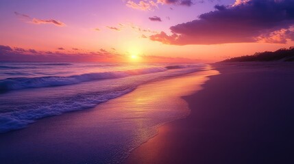Fototapeta premium A deserted sandy beach at sunset, where gentle waves wash ashore as the sky transitions from orange to purple, meeting the horizon.