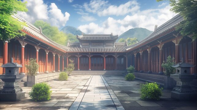 beautiful anime background of a garden in a couldy day