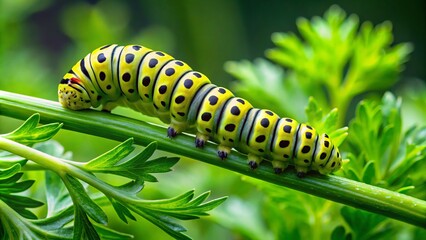 Fototapeta premium On a succulent plant stem, a bright green parsley worm propels itself forward with tiny contractions, its antennae