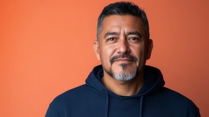 Obraz premium Portrait of a middle aged hispanic man smiling on orange background