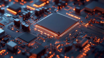 Przestrzenna wizualizacja układu elektronicznego, pokazująca szczegółowe połączenia i elementy na płycie głównej. 