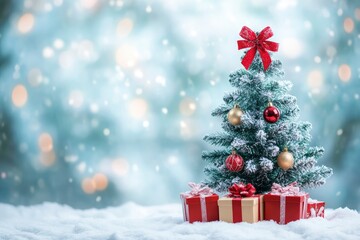 Beautiful Christmas tree with gift boxes on snow against blurred background. Space for text with generative ai