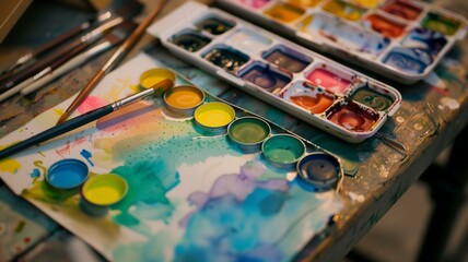 Vibrant close-up of watercolor paint set with brushes on an artist's palette - Powered by Adobe