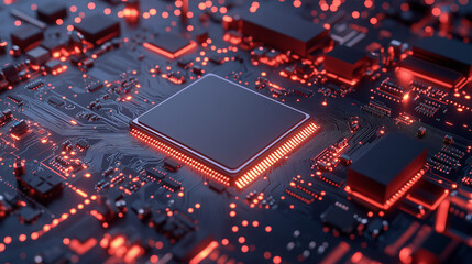 Obraz premium Przestrzenna wizualizacja układu elektronicznego, pokazująca szczegółowe połączenia i elementy na płycie głównej. 