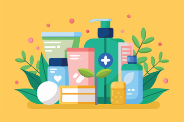A variety of skincare products are displayed amid green leaves on a bright yellow backdrop, showcasing different containers and textures for personalized beauty routines.