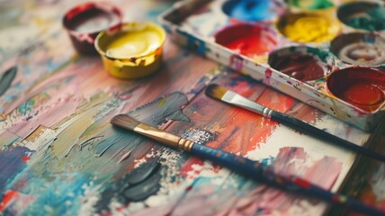 Fototapeta premium Vibrant close-up of watercolor paint set with brushes on an artist's palette